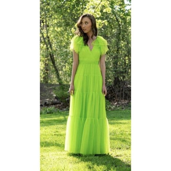 ML MONIQUE LHUILLIER Afterglow Gown in Fluorescent Green Size US 4 - Picture 2 of 16